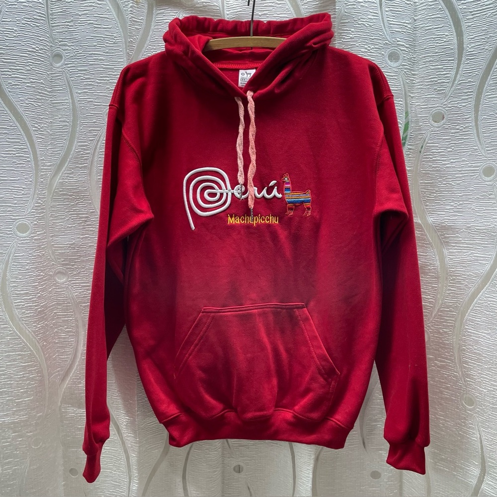 Forever Friends Llama Peru Hoodie Small Red Excellent Machu Picchu Pima Cotton